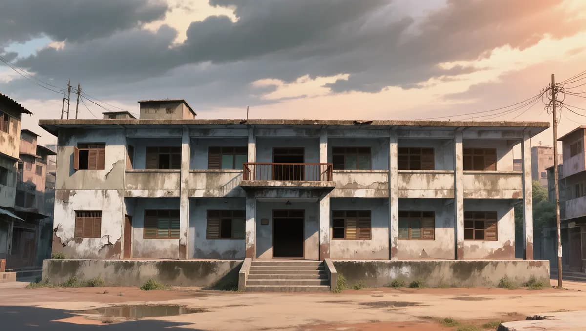 Old Weathered School Building Bangladeshi City Cloudy Afternoon Sky Anime Style