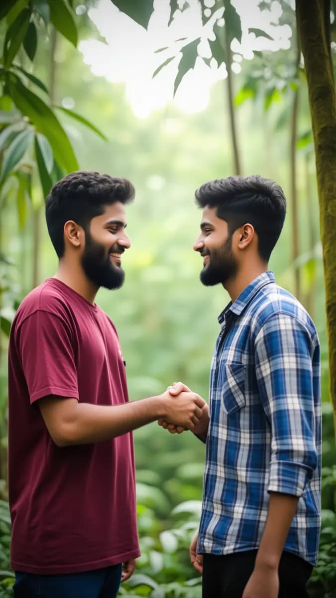 Two Young Bangladeshi Men Shaking Hands Smiling In Lush Green Forest