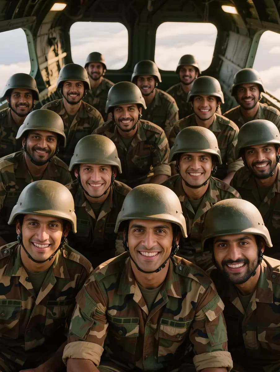 Soldiers In Military Uniforms Smiling Inside An Army Plane