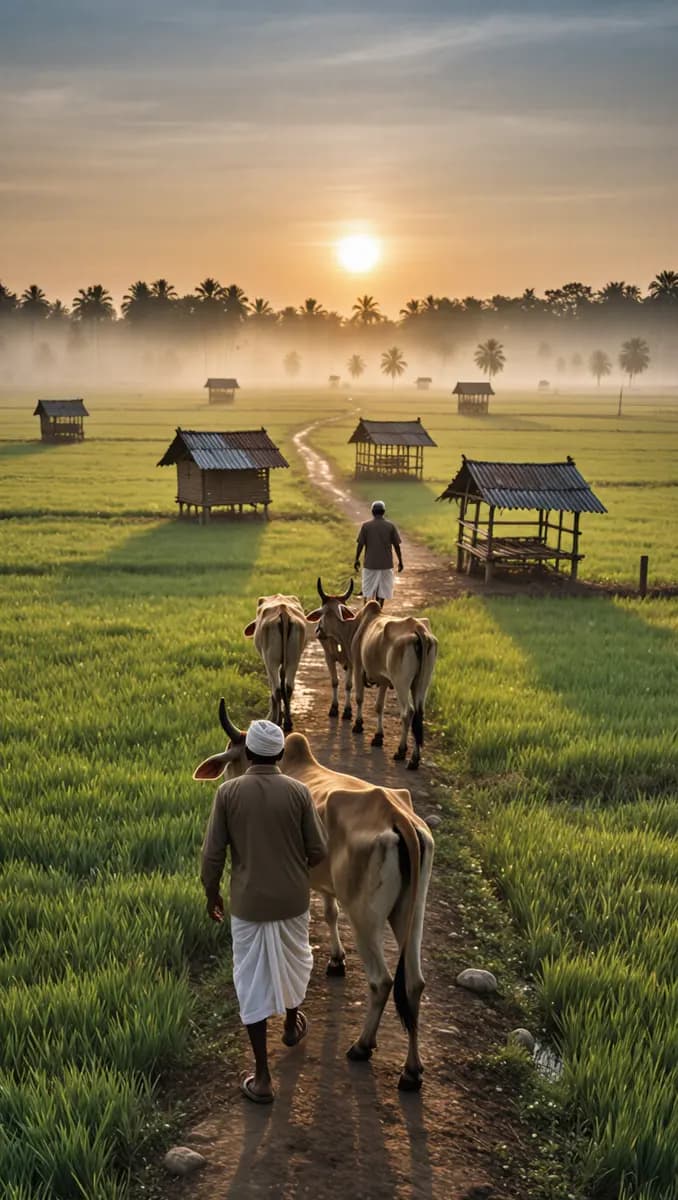 Bangladeshi Village Life Sunrise Farmers With Cows On Path