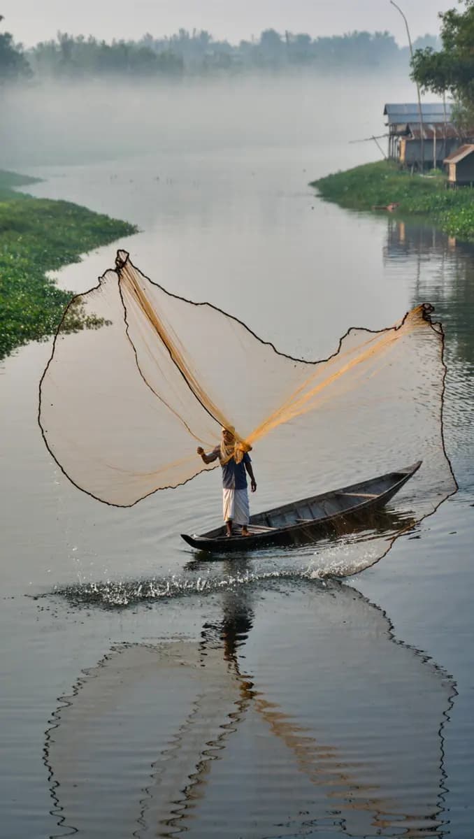 Bangladeshi Fisherman Using Net In Traditional Wooden Boat At Sunrise