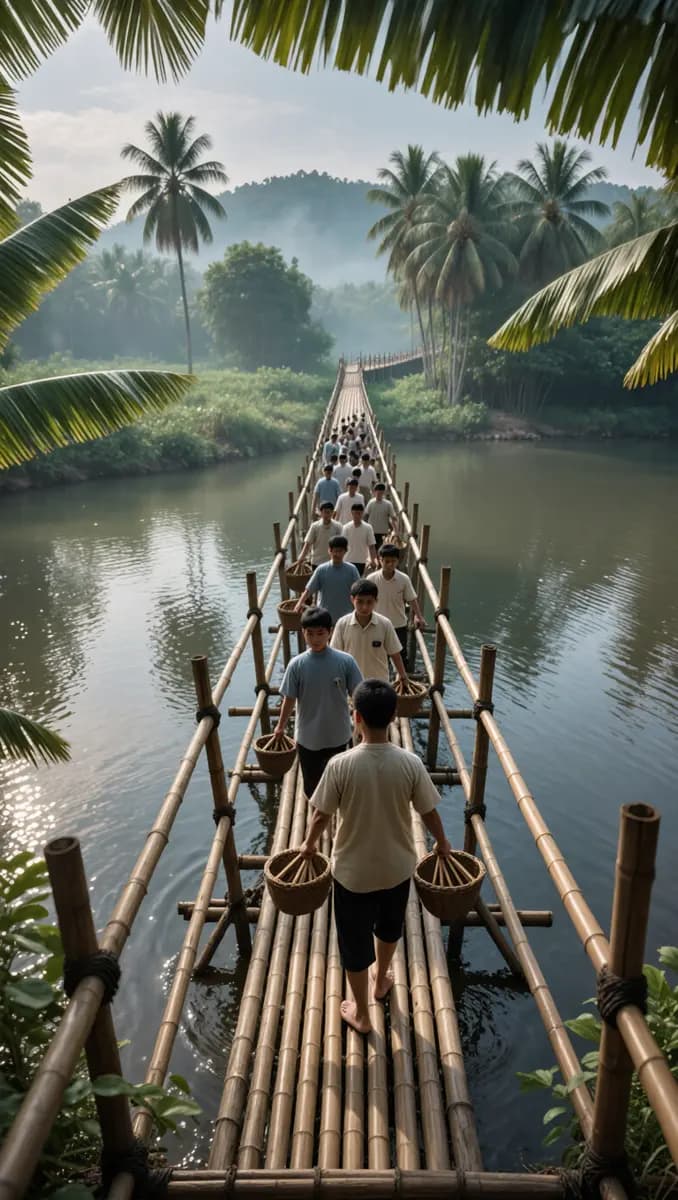 Bangladeshi Village Life Bamboo Bridge Over River