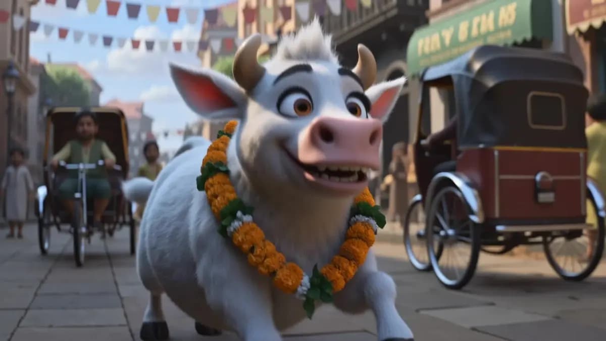 Fluffy Cow In Marigold Garland Trotting Through Vibrant Bangladeshi Street Eid Ul Adha