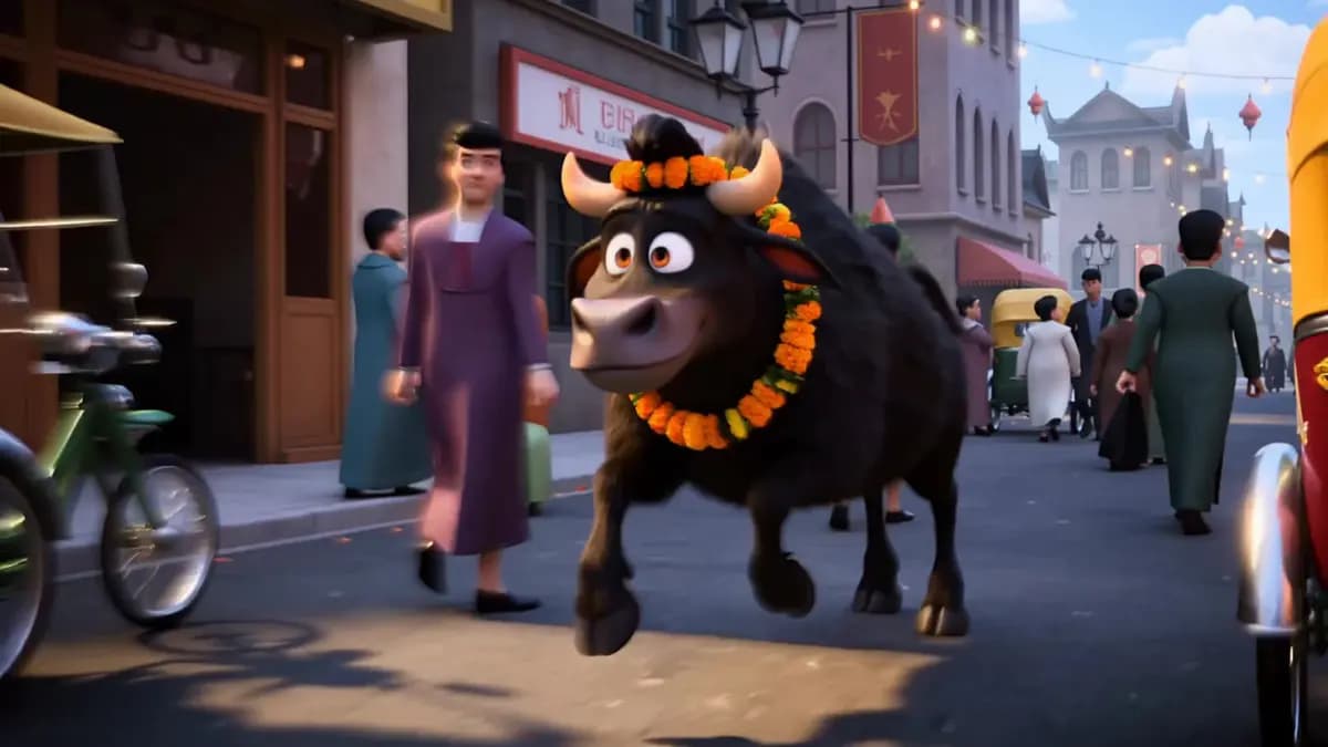 Eid Mubarak Celebration With Decorated Bull In Bustling Street