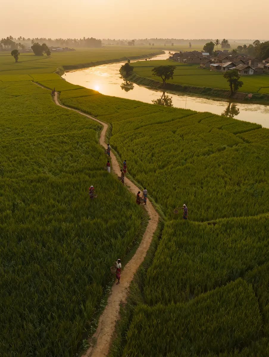 Village Life Aerial View Farmers Working Rice Fields River Sunset