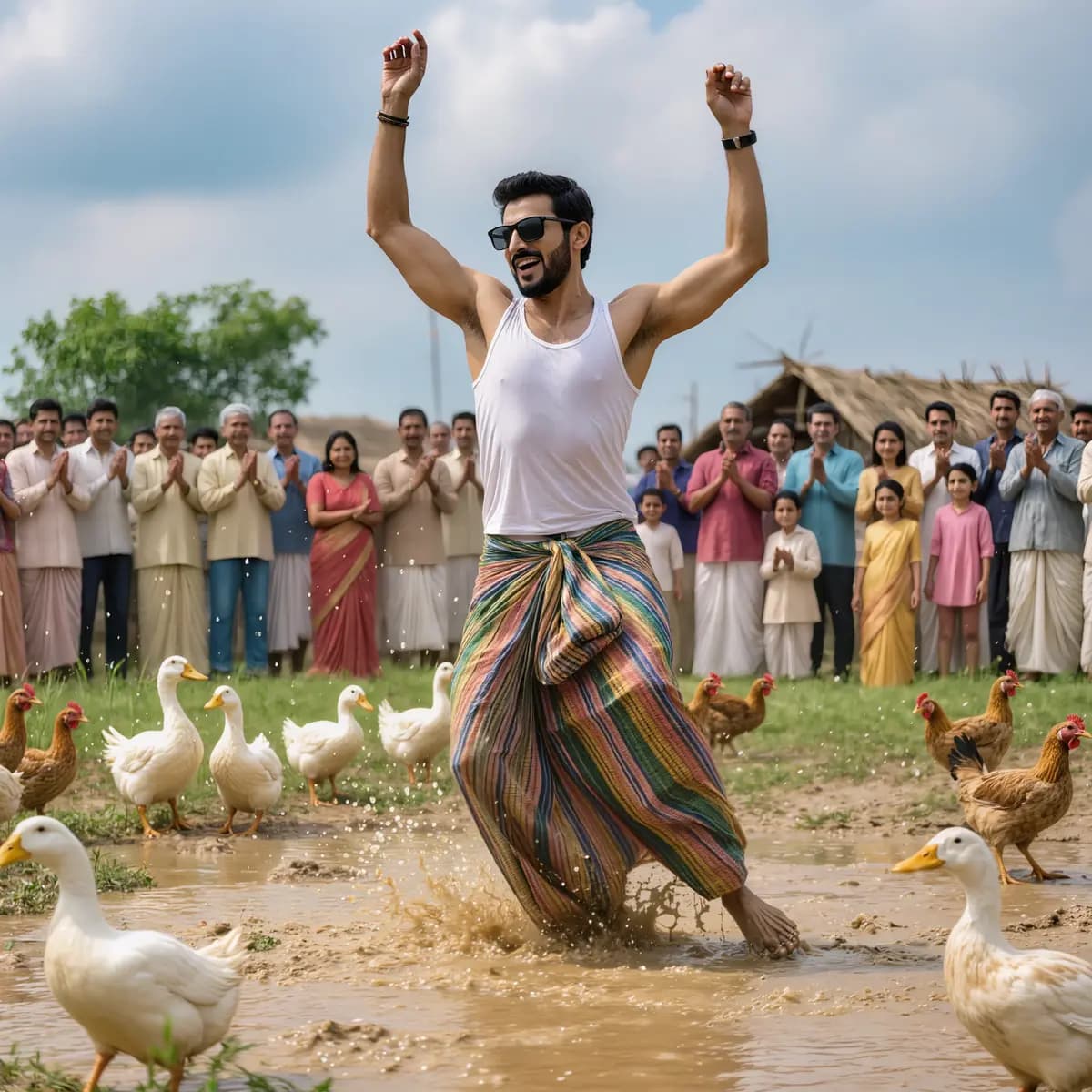 Funny Bangladeshi Village Scene Man Dancing In Muddy Field With Ducks Chickens