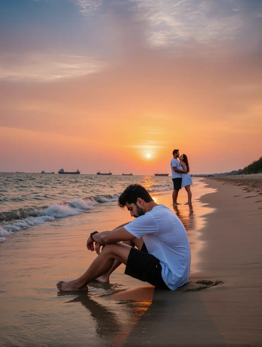 Disappointed Boy Alone On Beach At Sunset Romantic Couple In Background