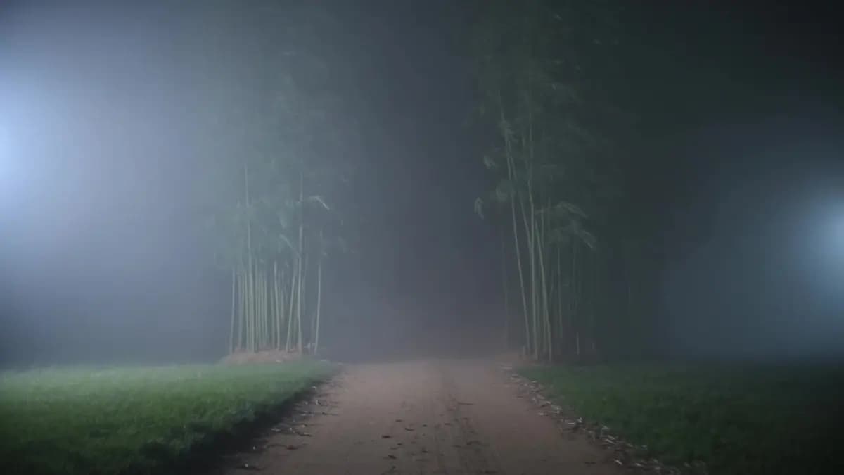 Cinematic Horror Scene Remote Bangladeshi Village Midnight Bamboo Forest Dirt Road