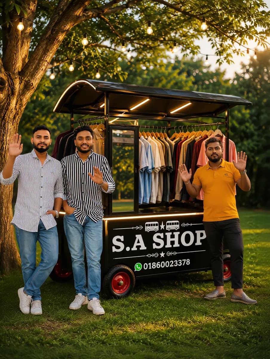 Three Young Bangladeshi Entrepreneurs At S A Shop Mobile Clothing Cart Green Park