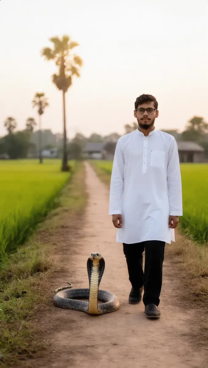 Bangladeshi Man In White Panjabi Walking With Cobra Village Road Green Fields Palm Trees