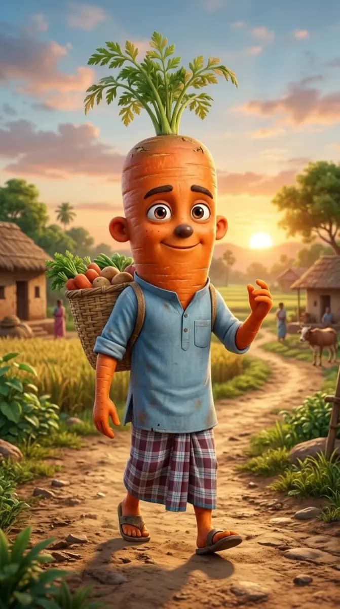 3d Pixar Style Carrot Character Walking Bangladeshi Village Road Sunrise