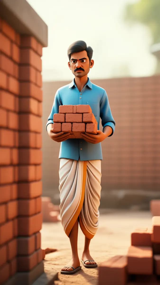 Young Bangladeshi Mason Carrying Bricks Realistic Pixar Style 3d Animation Warm Morning Light
