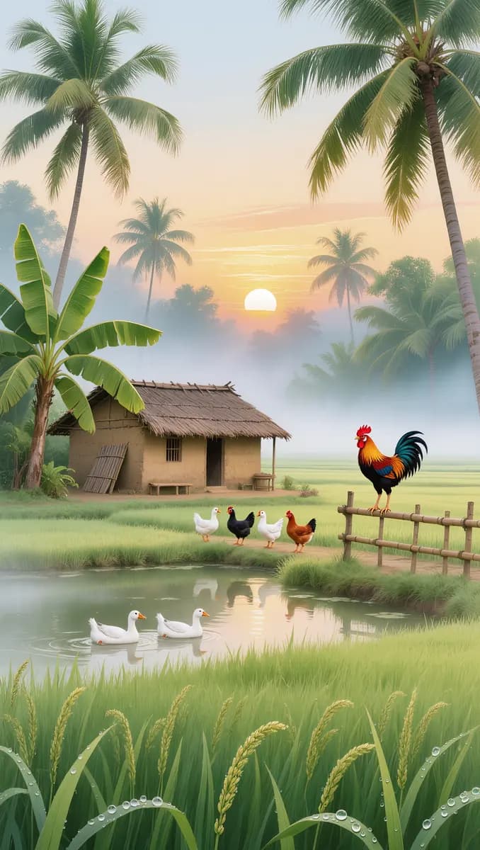 Peaceful Rural Bangladeshi Village Dawn Mist Green Rice Fields Ducks Chickens Rooster Ghibli Inspired Watercolor Animation