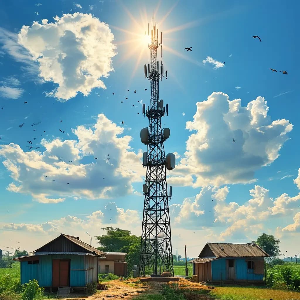 Telecommunication Tower In Rural Landscape With Blue Sky And Clouds
