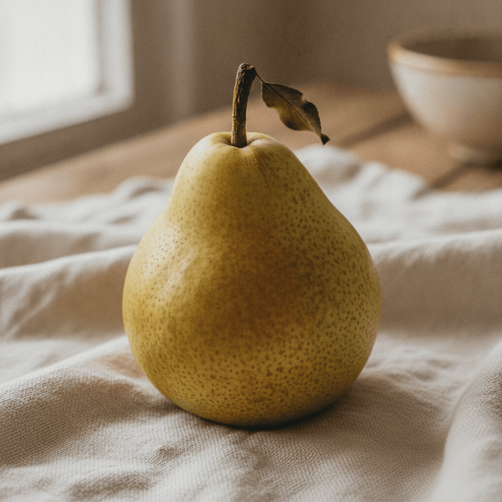 a single ripe pear on a linen cloth