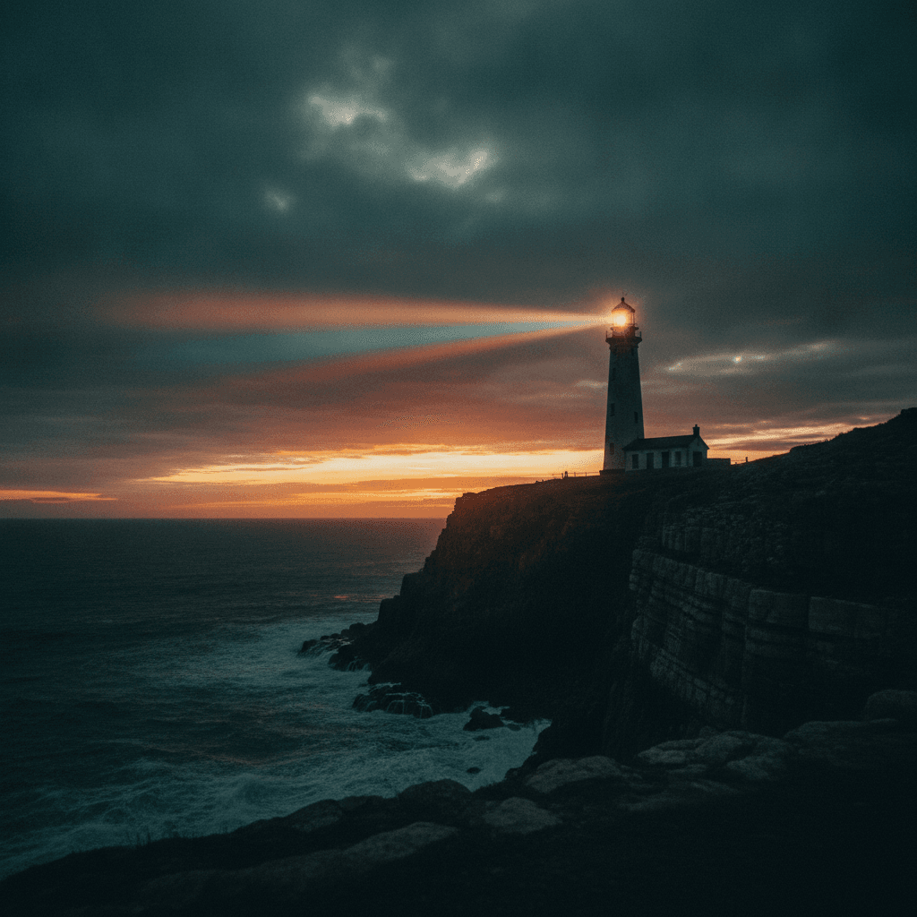 a lighthouse on a cliff at dusk, cinematic teal and orange colour grade, film…